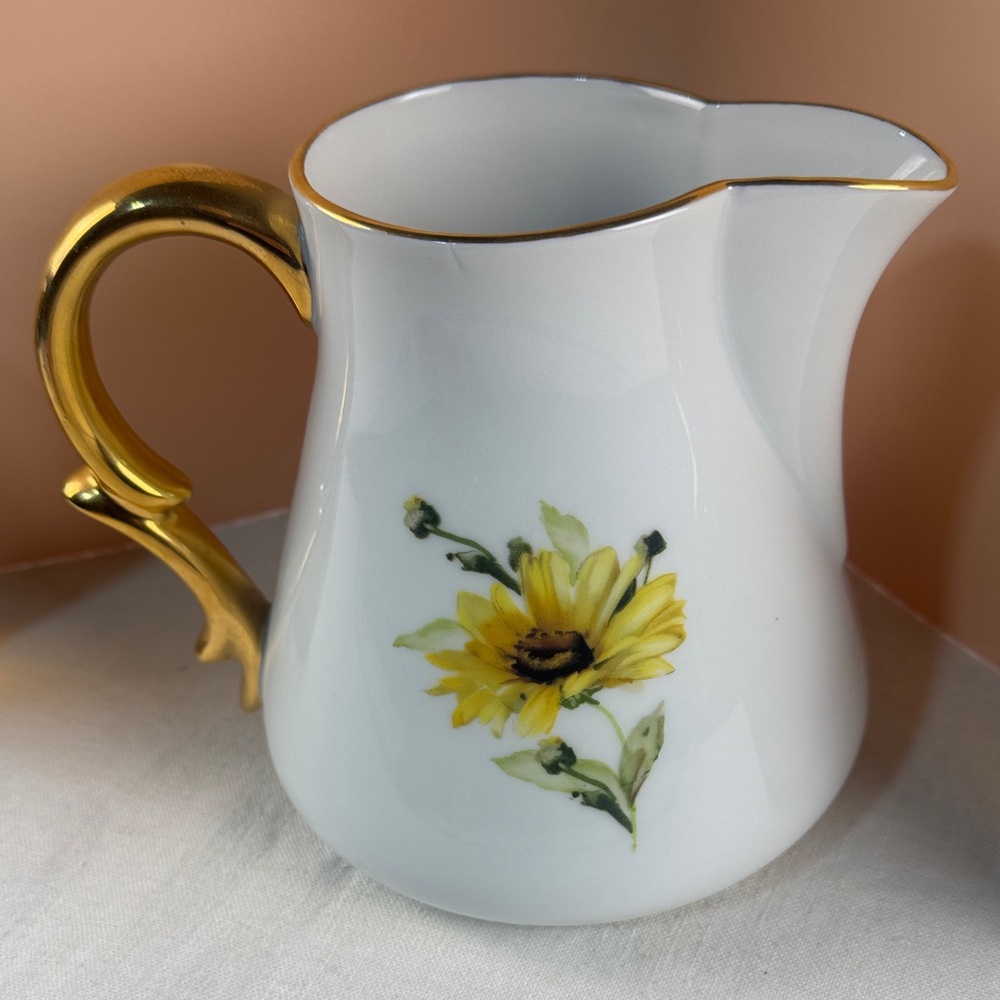 Rita Rauchwerger Hand Painted Floral Pitcher with Gold Handle - Picture 6 of 15